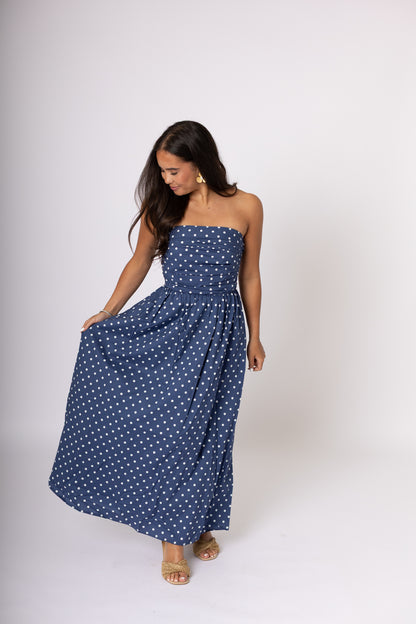 Navy Polka Dot Strapless Maxi Dress