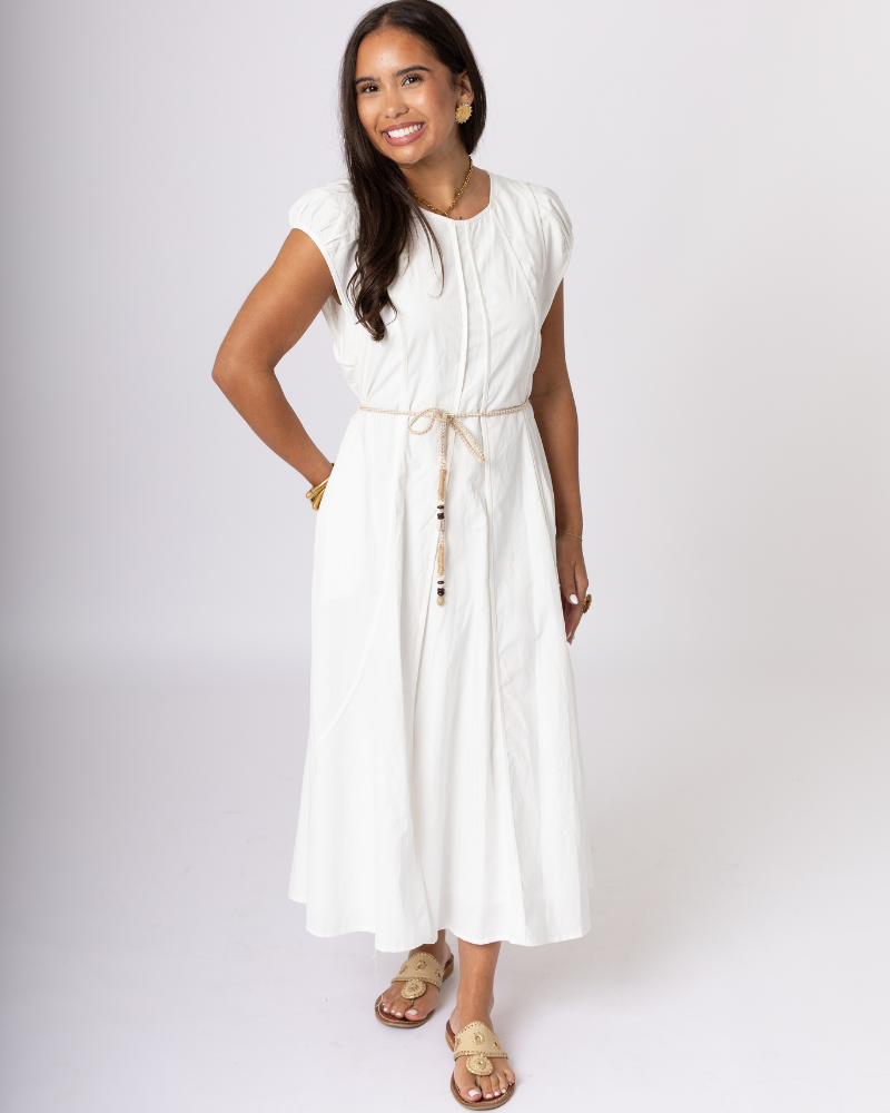 Pinch Rope Belt Cream Midi Dress