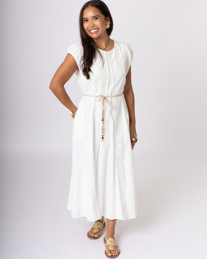 Pinch Rope Belt Cream Midi Dress