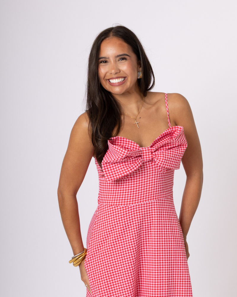 Red Bow Gingham Thin Strap Maxi Dress