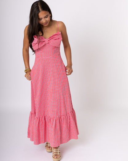 Red Bow Gingham Thin Strap Maxi Dress