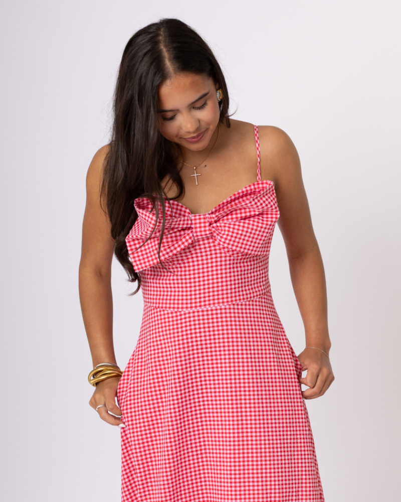 Red Bow Gingham Thin Strap Maxi Dress