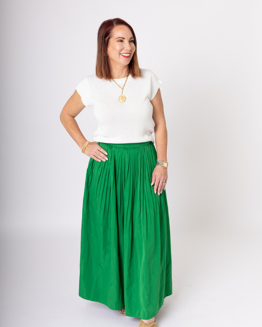 Green Pleated A-Line Midi Skirt