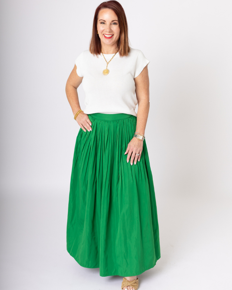 Green Pleated A-Line Midi Skirt