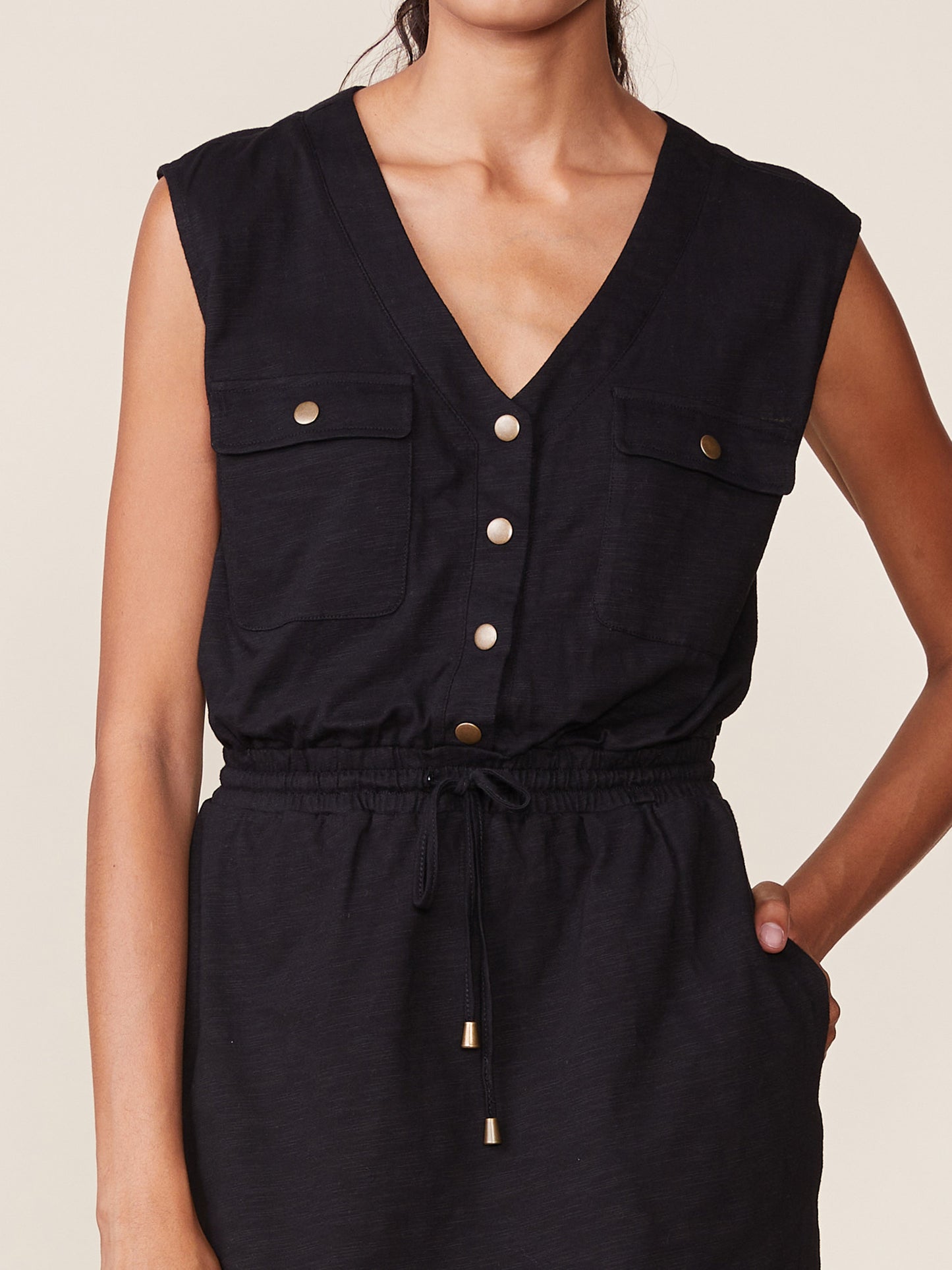 Black Vneck Smocked Dress