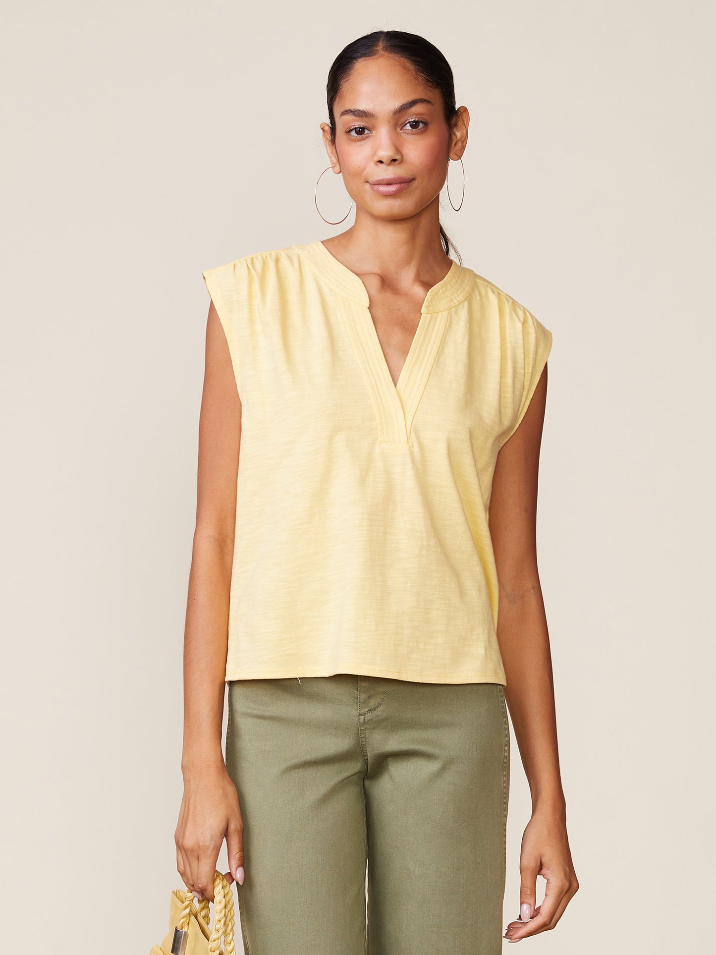 Yellow Slub Sleeveless Trapunto Top