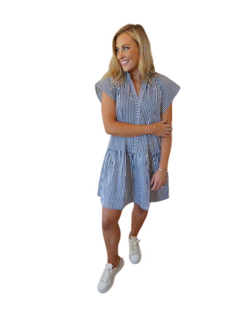 Navy Striped Ruffle Neck Mini Dress