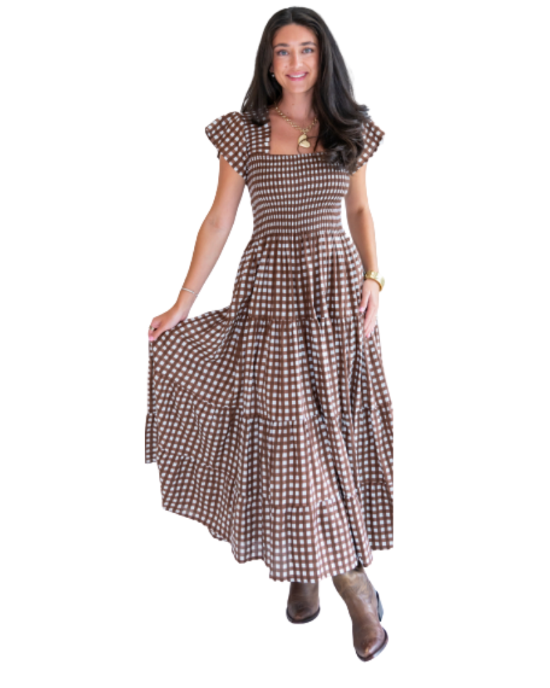 Lil Smocked Maxi Dress Gingham Chocolate