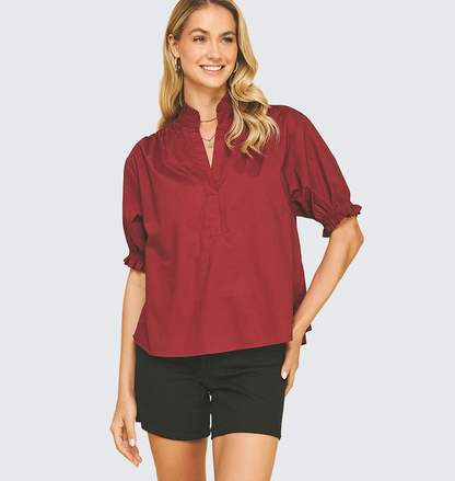Red Balloon Sleeve Blouse