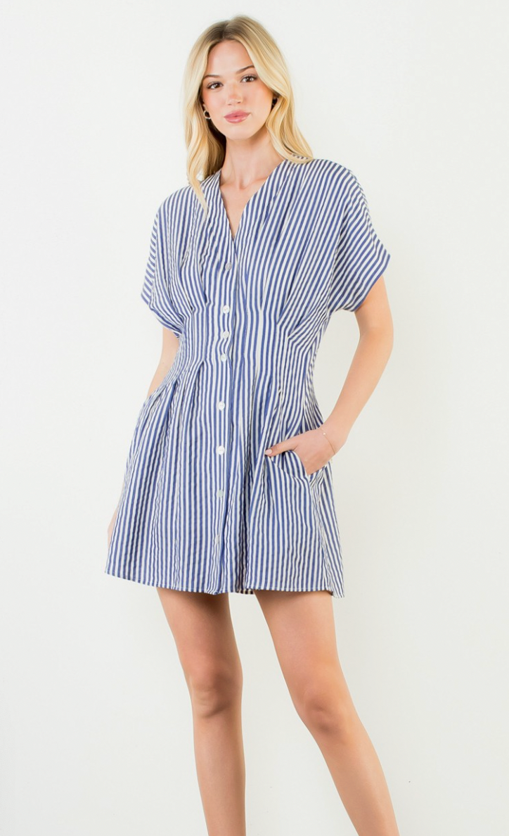 Short Sleeve Striped Button Down Dress