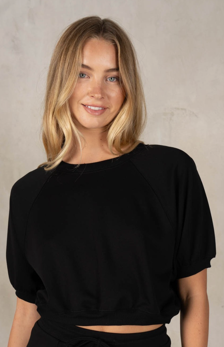 Black Cropped Raglan Short Sleeve Sweatshirt