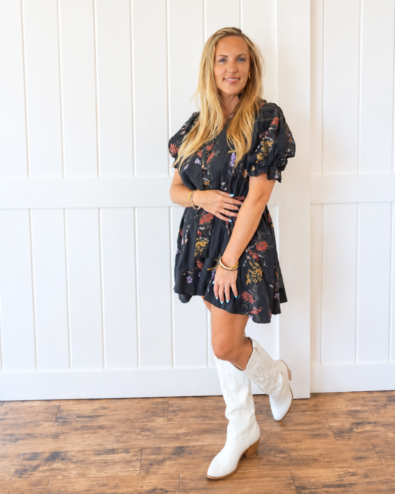 Black Floral Puff Sleeve Mini Dress