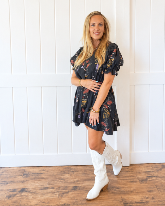 Black Floral Puff Sleeve Mini Dress