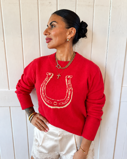 Red Horseshoe Graphic Knit Sweater