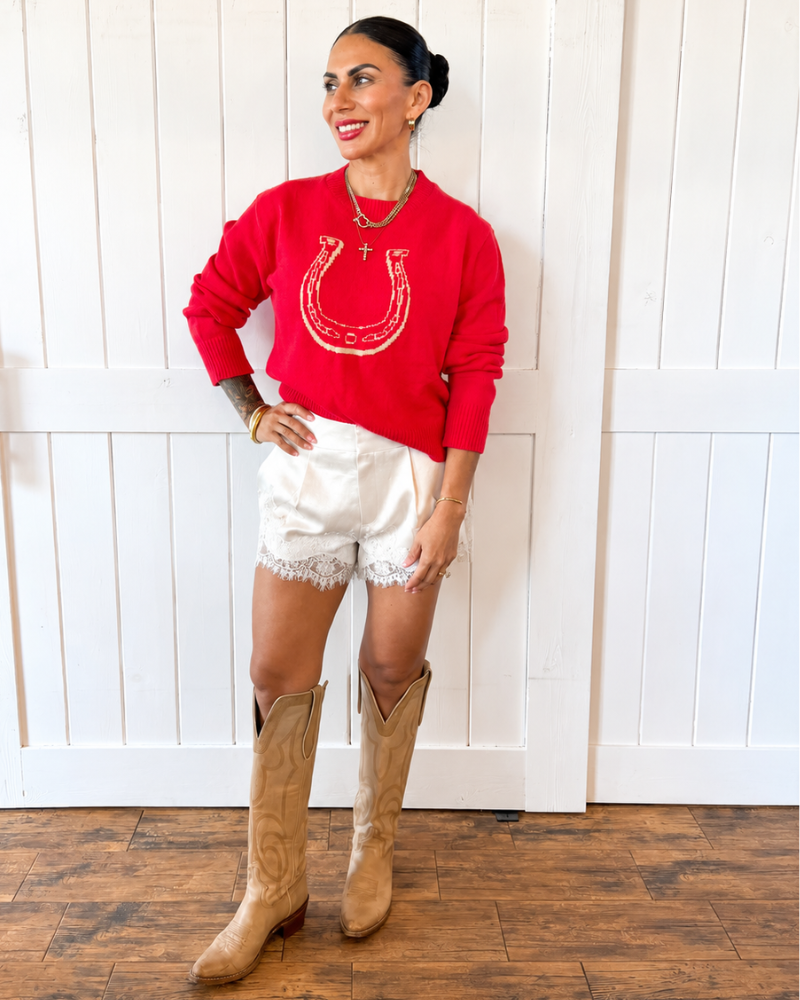 Red Horseshoe Graphic Knit Sweater