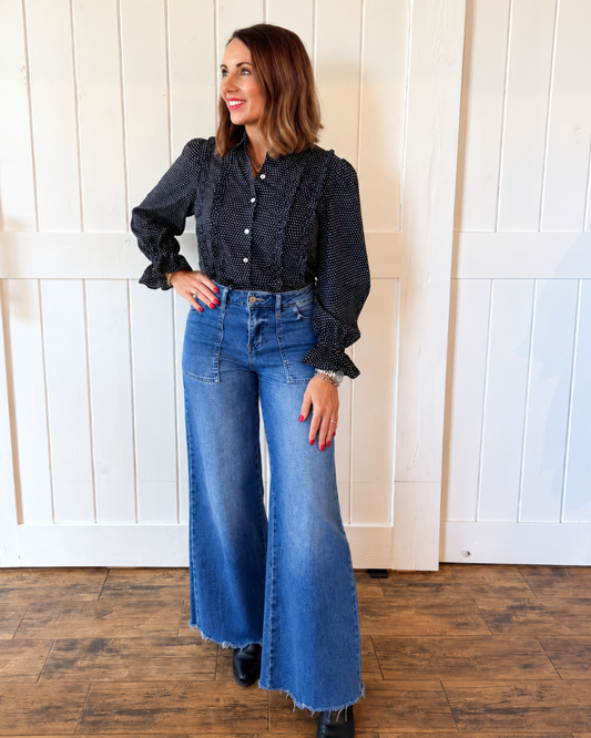 Navy Polka Dot Button Shirt