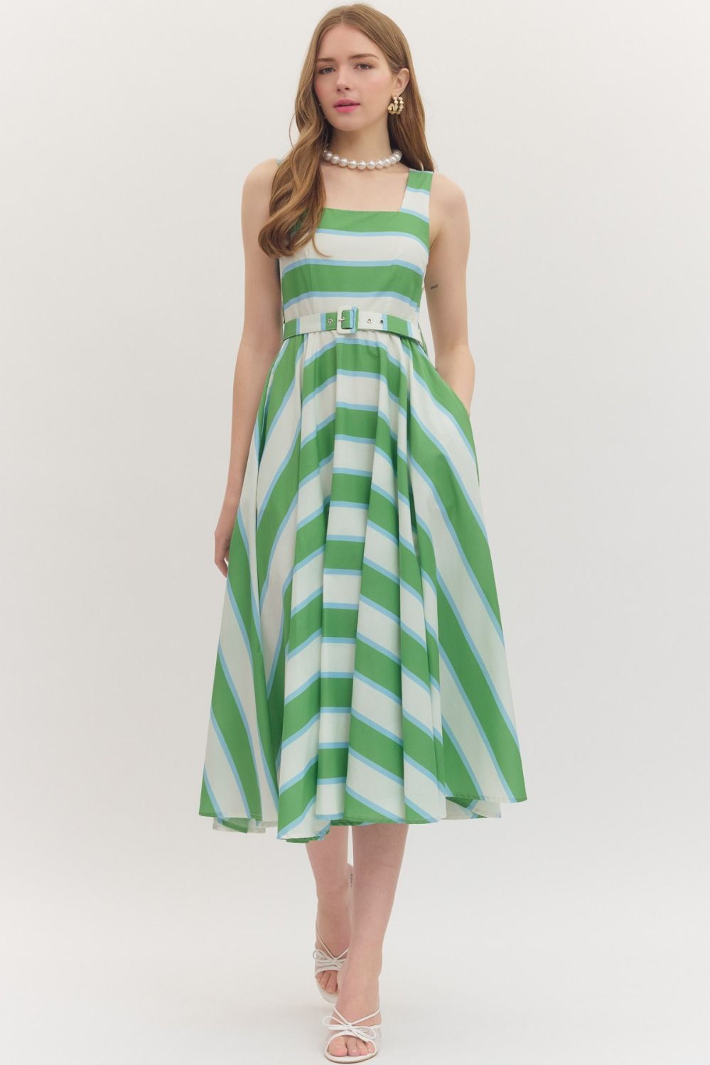 Green and White Striped Midi Dress
