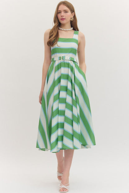 Green and White Striped Midi Dress