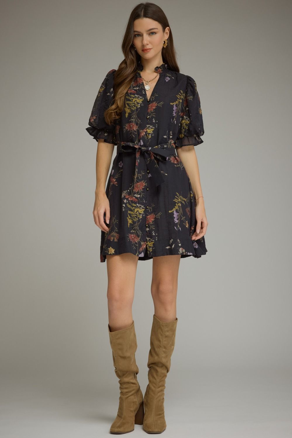 Black Floral Puff Sleeve Mini Dress