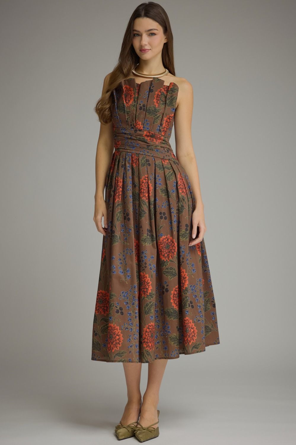 Brown Floral Midi Dress