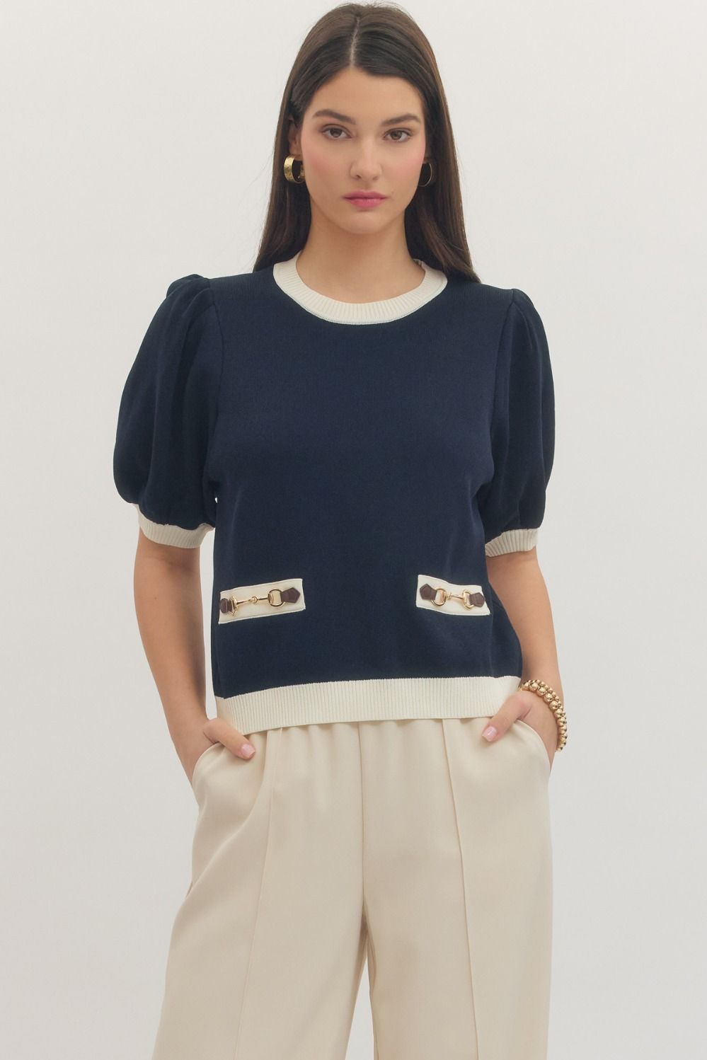 Navy and White Knit Top