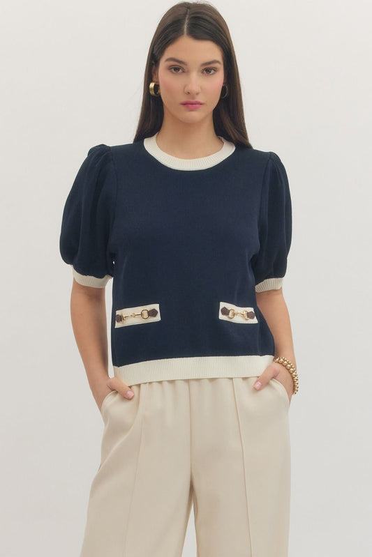 Navy and White Knit Top