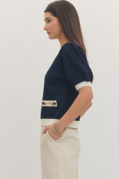 Navy and White Knit Top