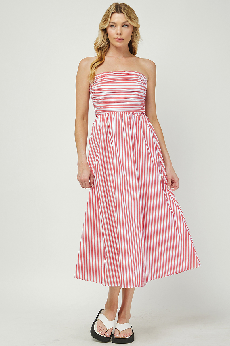 Red/White Striped Tube Midi Dress