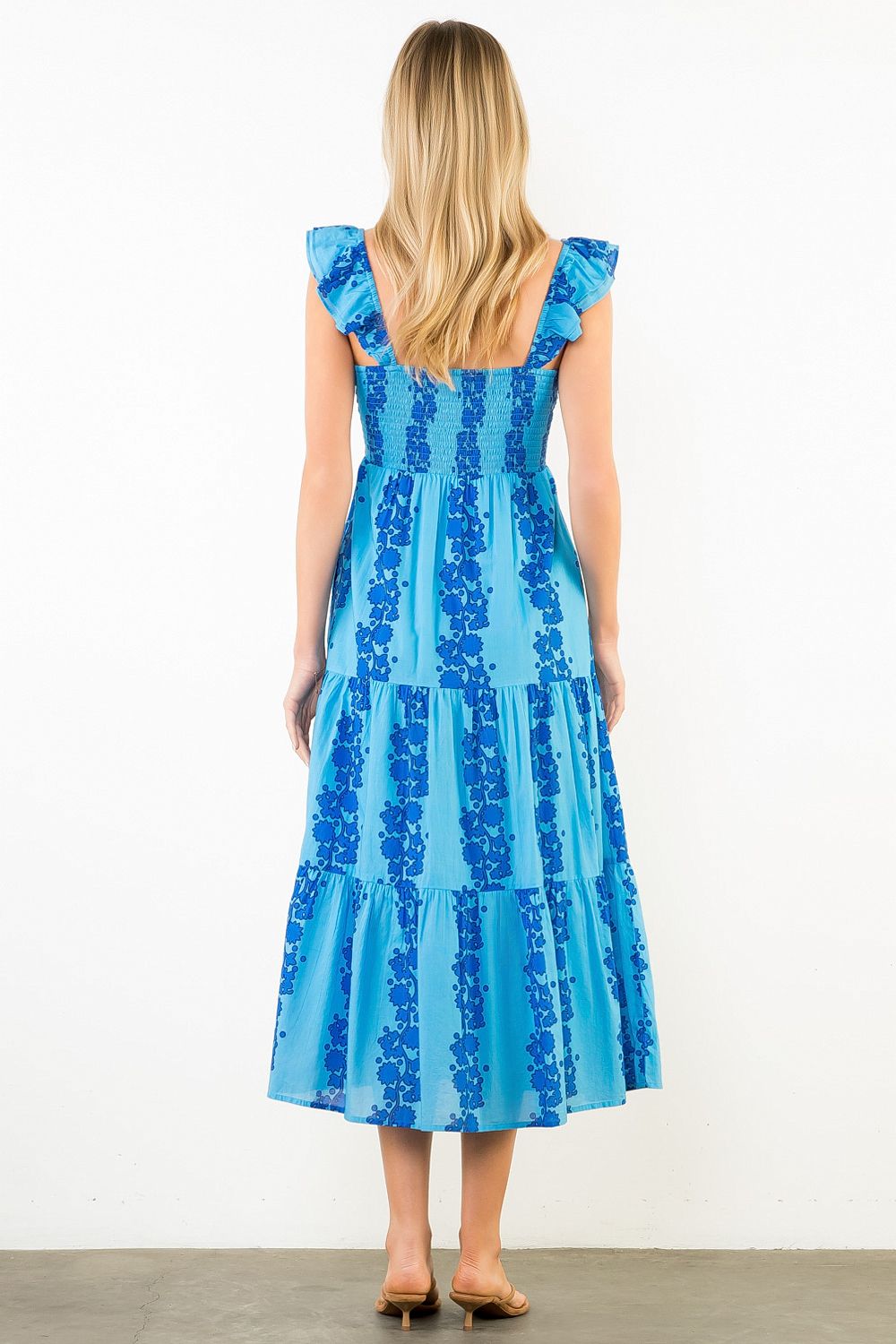 Blue Flutter Sleeve Midi Dress